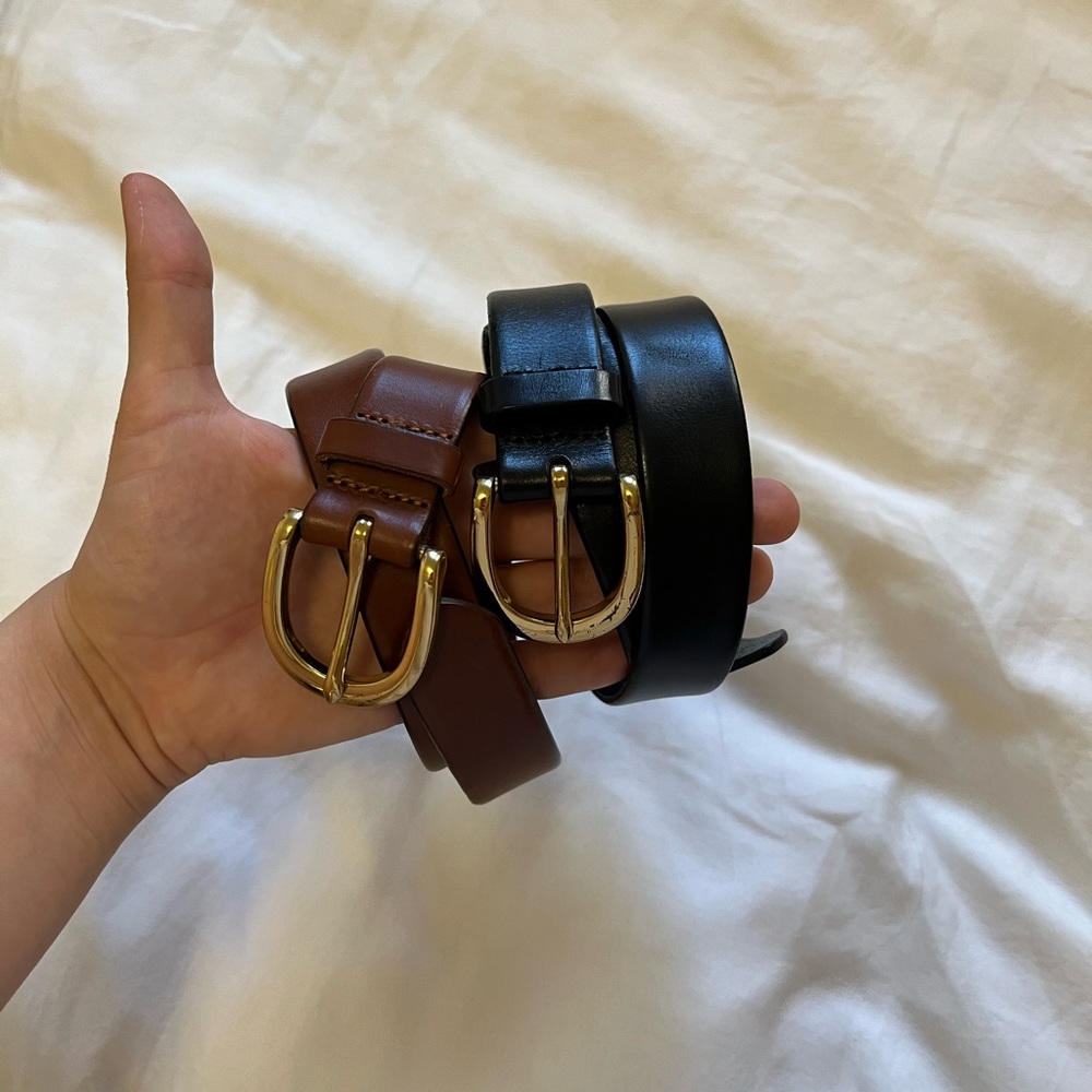 Two J.Crew genuine Italian leather belts (black & brown) with gold buckle size S